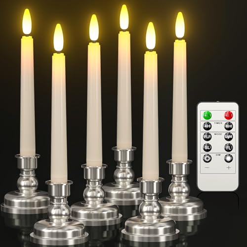 Ymenow LED Stabkerzen mit Timerfunktion, 6 Stück LED Kerzen 3D Flackernde Flamme mit Fernbedienung Silber Kerzenhalter Batterie für Silvester Deko 2024 Wohnzimmer Tischdeko Fensterdeko Weihnachten von Ymenow