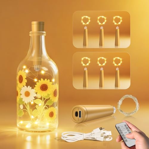 Ymenow Flaschenlichterkette Korken, 6 Stück USB Flaschenlicht mit Timer Fernbedienung Lichterkette Innen für DIY Flaschen Weihnacht Halloween Party Deko (Flasche nicht enthalten) von Ymenow