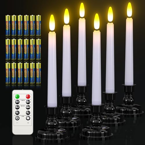 Ymenow LED Stabkerzen mit Timerfunktion, 6 Stück LED Kerzen 3D Flackernde Flamme mit Fernbedienung Schwarze Kerzenhalter Batterie für Fensterdeko Tischdeko Weihnachten Silvester Deko 2024 Wohnzimmer von Ymenow