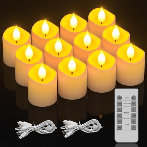 Ymenow LED Teelichter Wiederaufladbar, 12 Stück φ3.8cm Elektrische LED Kerzen Aufladbar mit Timerfunktion Fernbedienung USB C Ladekabel für Muttertag Halloween Weihnachten Deko Wohnzimmer Zimmer von Ymenow