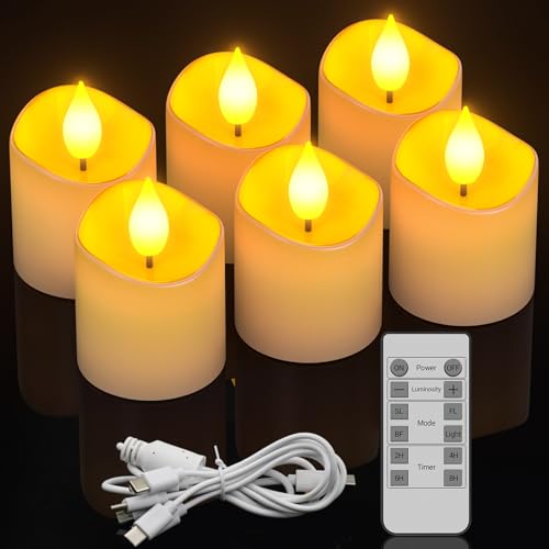 Ymenow LED Teelichter Wiederaufladbar, 6er set φ3.8cm Elektrische LED Kerzen Aufladbar mit Timerfunktion Fernbedienung USB C Ladekabel für Muttertag Halloween Weihnachten Zimmer Wohnzimmer Deko von Ymenow