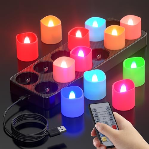 Ymenow Wiederaufladbare, flammenlose, flackernde Teelichter mit Timerfunktion und Fernbedienung, 12 elektrische künstliche LED-Kerzen mit RGB-Farbwechsel, USB-Kabel Ladestation, Halloween-Dekor Ymenow Wiederaufladbare, flammenlose, flackernde Teelichter mit Timerfunktion und Fernbedienung, 12 elektrische künstliche LED-Kerzen mit RGB-Farbwechsel, USB-Kabel Ladestation, Halloween-Dekor von Ymenow