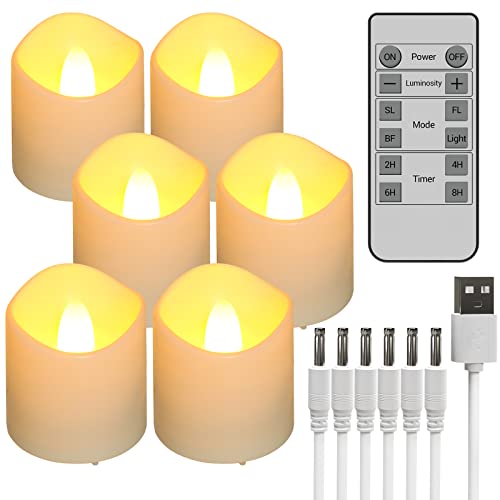 Ymenow 6 Stück LED Kerzen Wiederaufladbar mit Timerfunktion Fernbedienung, Elektrische Flackernde Flamme Teelichter mit Stromkabel für Wohnzimmer Halloween Weihnachten Hochzeit Party Dekoration von Ymenow