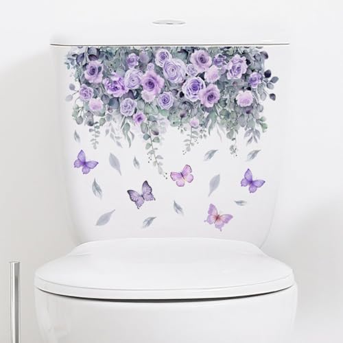 Ymhapp 2 Blätter Lila Blume WC Aufkleber Pflanze Rose Schmetterling Abziehbilder Selbstklebend WC Badezimmer Wanddekoration von Ymhapp