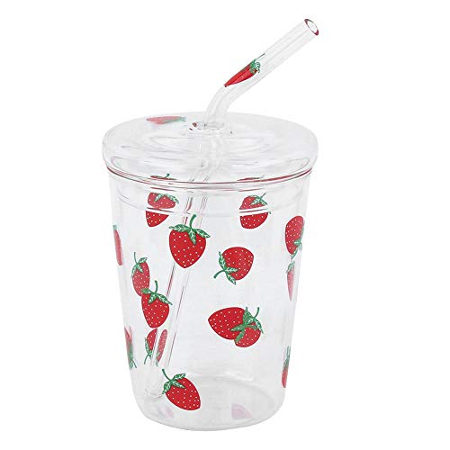 Strawberry Cup, Klarglasbecher, Glasbecher mit Deckel und Strohhalm, Trinkbecher Erdbeer Kinder, Glasbecher für Trinkwasser Kaffeemilchsaft von Ymiko