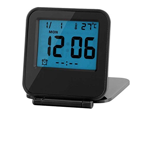 Ymiko Digitaler Reisewecker, Faltbarer tragbarer Mini-Weckkalender Temperatur- und Timer-LCD-Uhr mit Schlummermodus mit weicher Blauer Hintergrundbeleuchtung, kompakte Schreibtischuhr für (Schwarz) von Ymiko