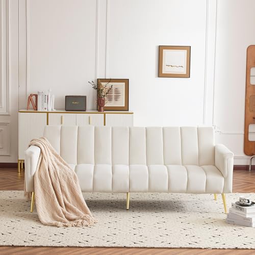 Ymkua Klappbares Schlafsofa mit Schlaffunktion, Doppelsofa Polstersofa, Sofa Bettsofa mit Hilfsfüßen, Modern Couch für Wohnzimmer, Schlafzimmer, Heimkino, Gästezimmer, Samtstoff, 183x76x75cm (Beige) von Ymkua