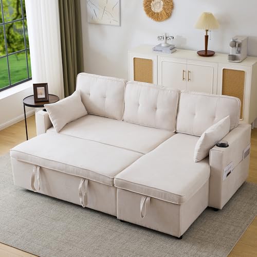 Ymkua Klappbares Schlafsofa mit Schlaffunktion, Sofa Eckcouch mit Rollbett, Bettsofa mit Stauraum und Taschenbecherhalter, Wohnzimmer L-förmiges Loungesofa mit Taschen, Cotton, 211x130x86 cm (Beige) von Ymkua