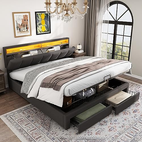 Ymkua Polsterbett Doppelbett 160x200 cm, Bett mit Stauraum, Jugendbett mit LED-Beleuchtung, Bettgestell mit Schubladen und Staufächern, Stauraumbett mit Kopfteil und Lattenrost, Grau, Ohne Matratze von Ymkua