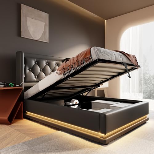 Ymkua Polsterbett 90x200 Einzelbett, Stauraumbett mit LED-Funktion, Bett mit Kopfteil und Lattenrost, Jugendbett mit USB Typ-C Ladefunktion Hydraulisch Bett, Bettgestell, Schwarz Ohne Matratze Ymkua Polsterbett 90x200 Einzelbett, Stauraumbett mit LED-Funktion, Bett mit Kopfteil und Lattenrost, Jugendbett mit USB Typ-C Ladefunktion Hydraulisch Bett, Bettgestell, Schwarz Ohne Matratze von Ymkua