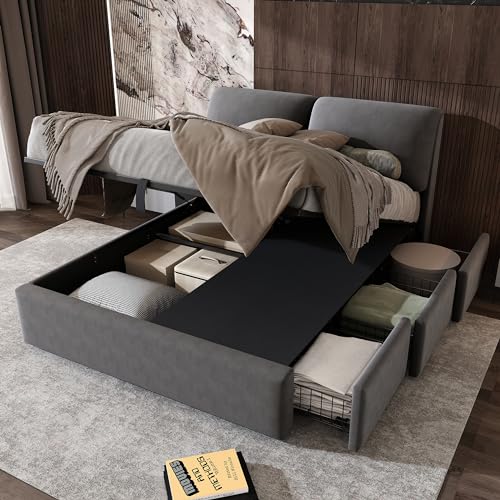 Ymkua Polsterbett Doppelbett 140x200 cm, Bett mit DREI Stauraum Schubladen, Hydraulisch Jugendbett mit Bettkasten und Gepolstertes Kopfteil, Lattenrost Funktionsbett, Grau, Samt, Ohne Matratze von Ymkua