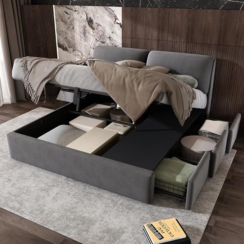 Ymkua Polsterbett Doppelbett 160x200 cm, Bett mit DREI Stauraum Schubladen, Hydraulisch Jugendbett mit Bettkasten und Gepolstertes Kopfteil, Lattenrost Funktionsbett, Grau, Samt, Ohne Matratze von Ymkua