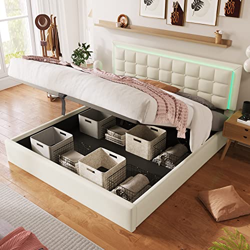 Ymkua Polsterbett Doppelbett 160x200 cm, Bett mit Stauraum und Lattenrost, Jugendbett mit LED-Leuchten, Stauraumbett mit Bettkasten und Kopfteil, Hydraulisch Bettgestell, Weiß, PU, Ohne Matratze Ymkua Polsterbett Doppelbett 160x200 cm, Bett mit Stauraum und Lattenrost, Jugendbett mit LED-Leuchten, Stauraumbett mit Bettkasten und Kopfteil, Hydraulisch Bettgestell, Weiß, PU, Ohne Matratze von Ymkua