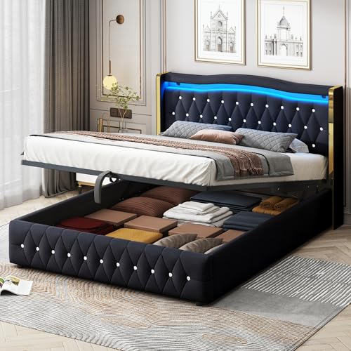 Ymkua Polsterbett Doppelbett 160x200 cm, Jugendbett Stauraumbett mit Stauraum und LED-Beleuchtung, Hydraulisch Bett Bettgestell mit Kopfteil, Funktionsbett mit Lattenrost, Samt, Schwarz, Ohne Matratze Ymkua Polsterbett Doppelbett 160x200 cm, Jugendbett Stauraumbett mit Stauraum und LED-Beleuchtung, Hydraulisch Bett Bettgestell mit Kopfteil, Funktionsbett mit Lattenrost, Samt, Schwarz, Ohne Matratze von Ymkua