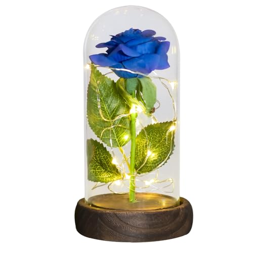 Ewige Rose Im Glas, Ewige Rose Im Glas Mit Gravur Geschenke for sie, ewige Rose in Glaskuppel, künstliche Blume for Immer, Licht, Muttertagsgeschenke for Frauen(Blue Flower) von Ymnilian