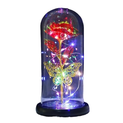 Ymnilian Ewige Rose Im Glas, Ewige Rose Im Glas Mit Gravur Ewige Rose, künstliche Blume mit Schmetterlings-Lichterkette in der Kuppel for Weihnachtshochzeitsdekor, Valentinstag(Gold Red) von Ymnilian