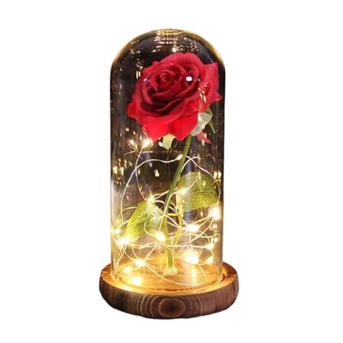 Ymnilian Ewige Rose Im Glas, Ewige Rose Im Glas Mit Gravur Verzauberte Rose, ewige Blume aus 24 Karat Goldfolie mit Lichterketten in der Kuppel for Valentinstag(Brown Base red 2) von Ymnilian