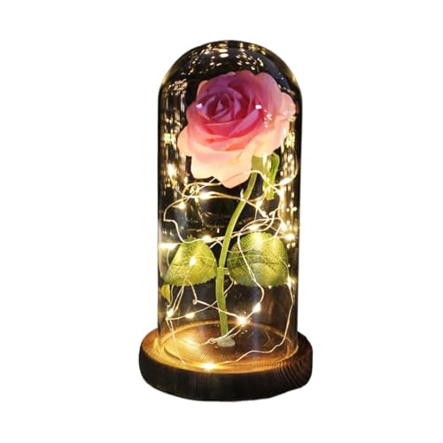 Ymnilian Ewige Rose Im Glas, Ewige Rose Im Glas Mit Gravur Verzauberte Rose, ewige mit Lichterkette in der Kuppel for Valentinstag(Brown Base pink) von Ymnilian
