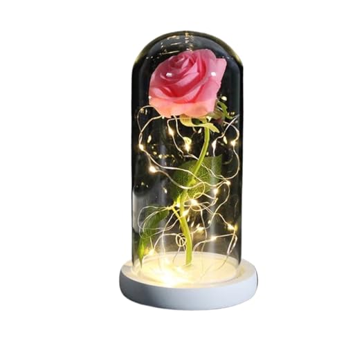 Ymnilian Ewige Rose Im Glas, Ewige Rose Im Glas Mit Gravur Verzauberte Rose, ewige mit Lichterkette in der Kuppel for Valentinstag(White Base pink) von Ymnilian