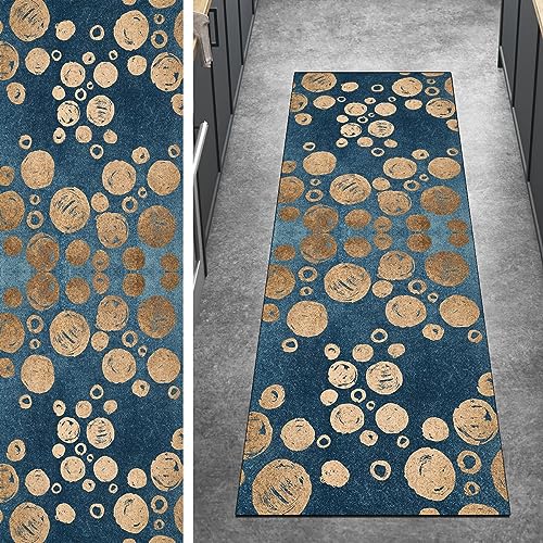 Läufer Teppich Lang Flur Kücheteppich Abstrakt 60x100CM Blau Gold Kücheläufer rutschfest Teppichmatten Teppichläufer Waschbar Kurzflor Polyester Korridor Schlafzimmer, Anpassbar Breite 40 - 120cm von Ymural