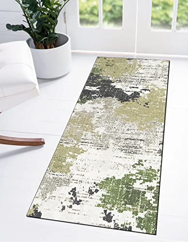 Ymural Teppich Läufer Flur, Küche 120x350CM Grün Grau Vintage Teppichläufer rutschfest Meterware Waschbar Flurläufer Lang Polyester Küchenläufer für Korridor Schlafzimmer, Anpassbar von Ymural