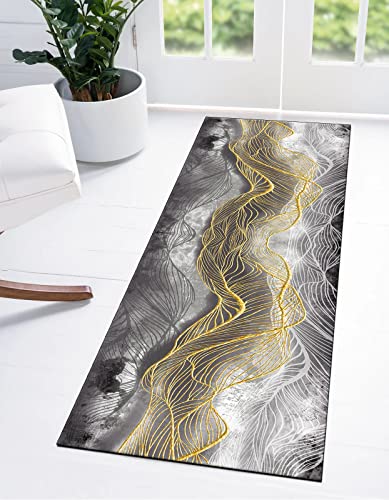 Ymural Teppich Läufer Flur Küche Grau Gold Abstrakt Teppichläufer 40x200CM rutschfest Meterware Waschbar Flurläufer Lang Polyester Küchenläufer für Korridor Schlafzimmer, Anpassbar von Ymural