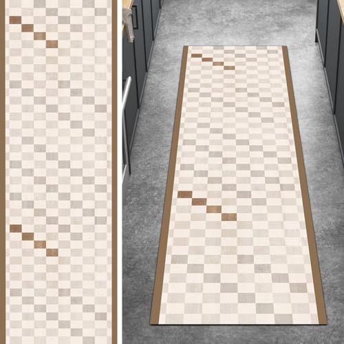 Ymural Beige Teppichläufer Lang, rutschfest Meterware 70x80CM Gitter Küche Teppich Läufer Flur Waschbar Kurzflor Polyester Korridor Schlafzimmer von Ymural