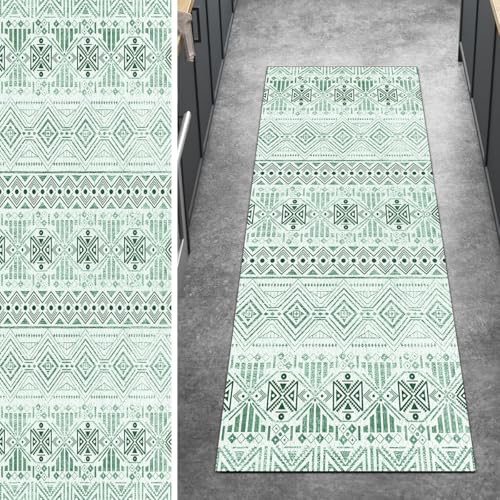 Ymural Boho Teppich Läufer Flur rutschfest Meterware 40x240CM Grün Teppichläufer Küchenteppich Lang Waschbar Kurzflor Polyester Korridor Schlafzimmer Anpassbar von Ymural