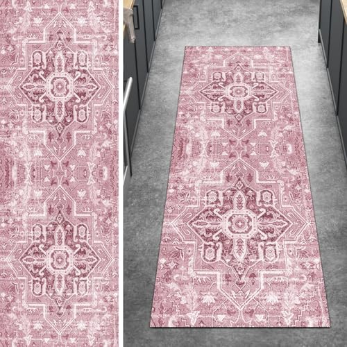 Ymural Boho Teppich Läufer Flur rutschfest Meterware 40x240CM Rosa rutschfest Lang Boho Meterware Kurzflor Polyester Korridor Schlafzimmer Anpassbar von Ymural