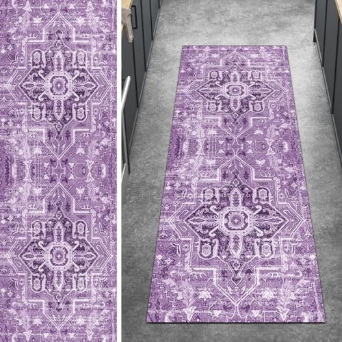 Ymural Boho Teppich Läufer Flur rutschfest Meterware 40x90CM Violett Teppichläufer Küchenteppich Lang Waschbar Kurzflor Polyester Korridor Schlafzimmer Anpassbar von Ymural