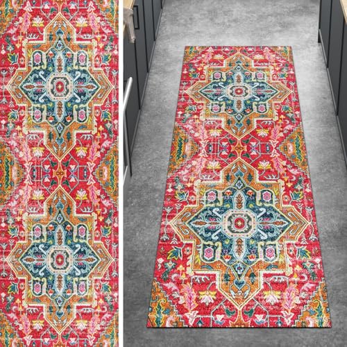 Ymural Boho Teppich Läufer Flur rutschfest Meterware 50x100CM Rot Blau Teppichläufer Küchenteppich Lang Waschbar Kurzflor Polyester Korridor Schlafzimmer Anpassbar von Ymural