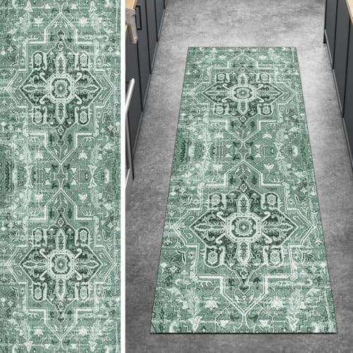 Ymural Boho Teppich Läufer Flur rutschfest Meterware 60x120CM Dunkle Grün Teppichläufer Küchenteppich Lang Waschbar Kurzflor Polyester Korridor Schlafzimmer Anpassbar von Ymural