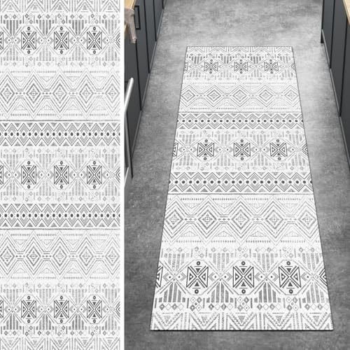 Ymural Boho Teppich Läufer Flur rutschfest Meterware 60x280CM Grau rutschfest Lang Boho Meterware Kurzflor Polyester Korridor Schlafzimmer Anpassbar von Ymural