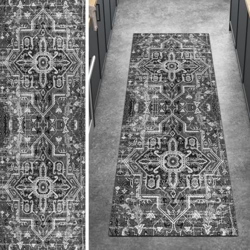 Ymural Boho Teppich Läufer Flur rutschfest Meterware 70x350CM Schwarz Teppichläufer Küchenteppich Lang Waschbar Kurzflor Polyester Korridor Schlafzimmer Anpassbar von Ymural