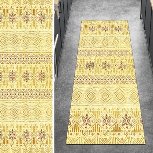 Ymural Boho Teppich Läufer Flur rutschfest Meterware 80x330CM Gelb Teppichläufer Küchenteppich Lang Waschbar Kurzflor Polyester Korridor Schlafzimmer Anpassbar von Ymural