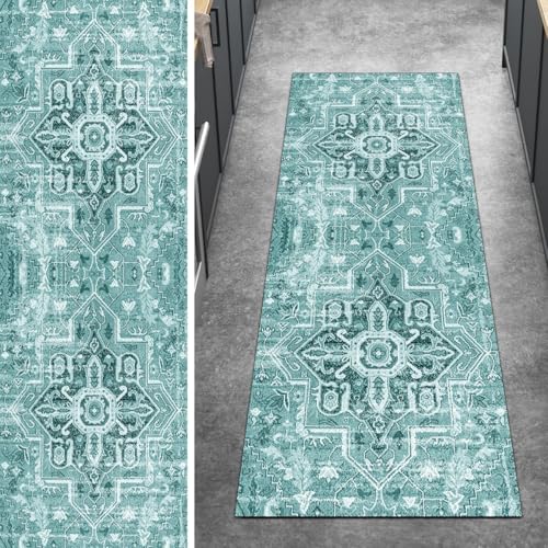 Ymural Boho Teppich Läufer Flur rutschfest Meterware 80x450CM Cyan rutschfest Lang 3D Meterware Kurzflor Polyester Korridor Schlafzimmer Anpassbar von Ymural