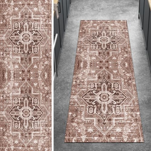 Ymural Boho Teppich Läufer Flur rutschfest Meterware 90x200CM Braun Teppichläufer Küchenteppich Lang Waschbar Kurzflor Polyester Korridor Schlafzimmer Anpassbar von Ymural