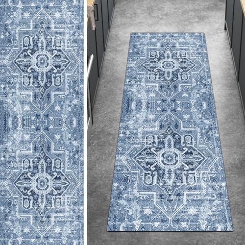 Ymural Boho Teppich Läufer Flur rutschfest Meterware 90x330CM Blau Teppichläufer Küchenteppich Lang Waschbar Kurzflor Polyester Korridor Schlafzimmer Anpassbar von Ymural
