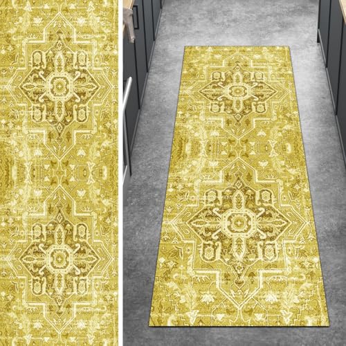 Ymural Boho Teppich Läufer Flur rutschfest Meterware 90x400CM Gelb Teppichläufer Küchenteppich Lang Waschbar Kurzflor Polyester Korridor Schlafzimmer Anpassbar von Ymural