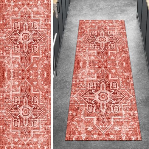 Ymural Boho Teppich Läufer Flur rutschfest Meterware 90x450CM Rot Teppichläufer Küchenteppich Lang Waschbar Kurzflor Polyester Korridor Schlafzimmer Anpassbar von Ymural