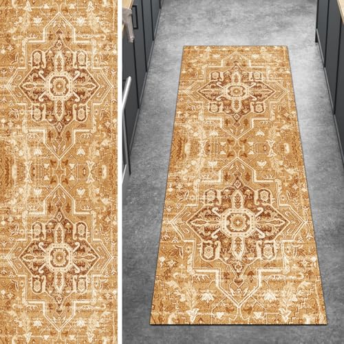 Ymural Boho Teppich Läufer Flur rutschfest Meterware 90x600CM Orange rutschfest Lang Boho Meterware Kurzflor Polyester Korridor Schlafzimmer Anpassbar von Ymural