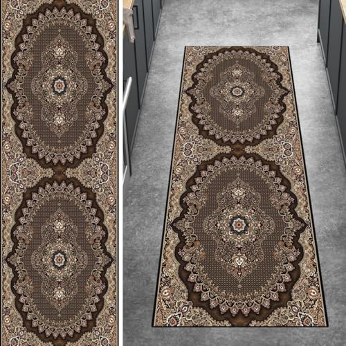 Ymural Braun Teppich Läufer Flur rutschfest Waschbar Küche Vintage 110x600CM Teppichläufer Lang Läuferflur Meterware Kurzflor Polyester Korridor Schlafzimmer von Ymural
