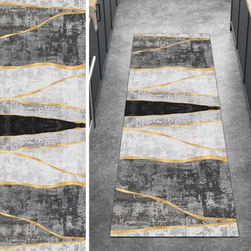 Ymural Grau Kücheläufer rutschfest Meterware Lang 100x250CM Abstrakt Küche Teppich Läufer Flur Waschbar Kurzflor Polyester Korridor Schlafzimmer von Ymural