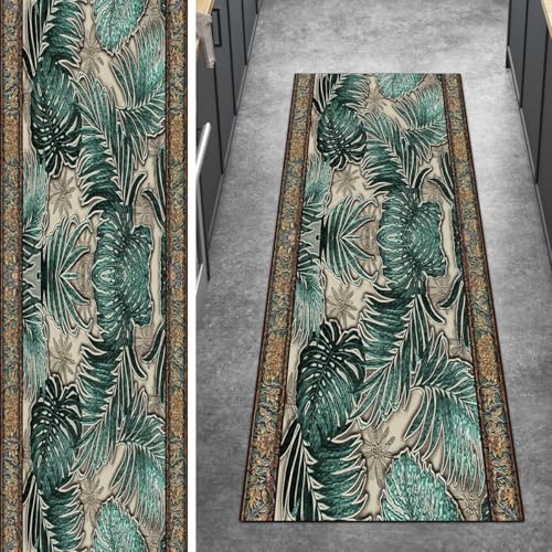 Ymural Grün Teppichläufer, rutschfest Meterware Lang 80x550CM Blattmuster Küche Teppich Läufer Flur Waschbar Kurzflor Polyester Korridor Schlafzimmer von Ymural