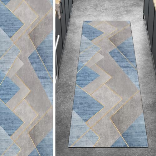 Ymural Kücheläufer Lang, rutschfest Meterware Blau Braun 100x280CM Patchwork Küche Teppich Läufer Flur Waschbar Kurzflor Polyester Korridor Schlafzimmer von Ymural