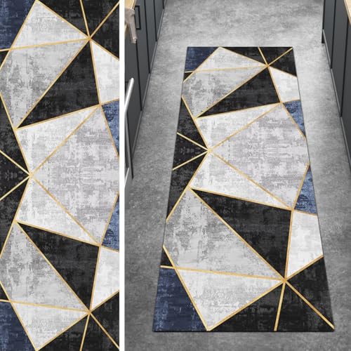 Ymural Kücheläufer Lang rutschfest Meterware Grau Schwarz 110x250CM Geometrisch Küche Teppich Läufer Flur Waschbar Kurzflor Polyester Korridor Schlafzimmer von Ymural