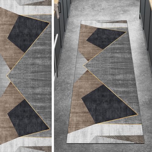 Ymural Kücheläufer rutschfest Meterware Grau Braun Lang 80x300CM Patchwork Küche Teppich Läufer Flur Waschbar Kurzflor Polyester Korridor Schlafzimmer von Ymural
