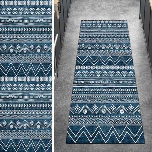 Ymural Kücheteppich Meterware rutschfest Blau Lang 60x120CM Boho Küche Teppich Läufer Flur Waschbar Kurzflor Polyester Korridor Schlafzimmer von Ymural