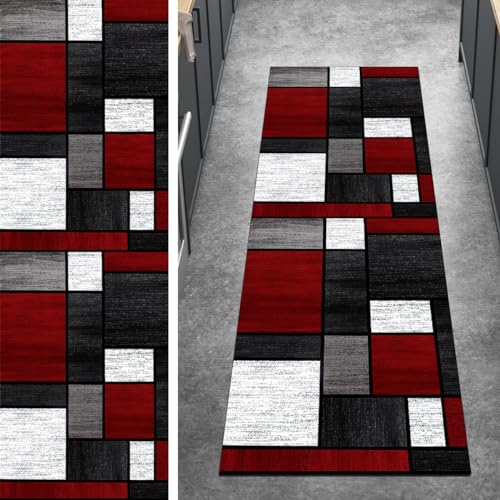 Ymural Kücheteppich Teppich Läufer Flur Lang Patchwork 50x80CM Rot Grau Kücheläufer rutschfest Teppichmatten Teppichläufer Waschbar Kurzflor Polyester Korridor Schlafzimmer, Anpassbar Breite 40-120cm von Ymural