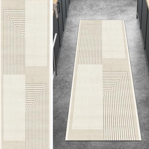 Ymural Läufer Flur Teppich Beige rutschfest 60x200CM Patchwork Teppichläufer Waschbar Küchenläufer Kurzflor Polyester Korridor Schlafzimmer von Ymural